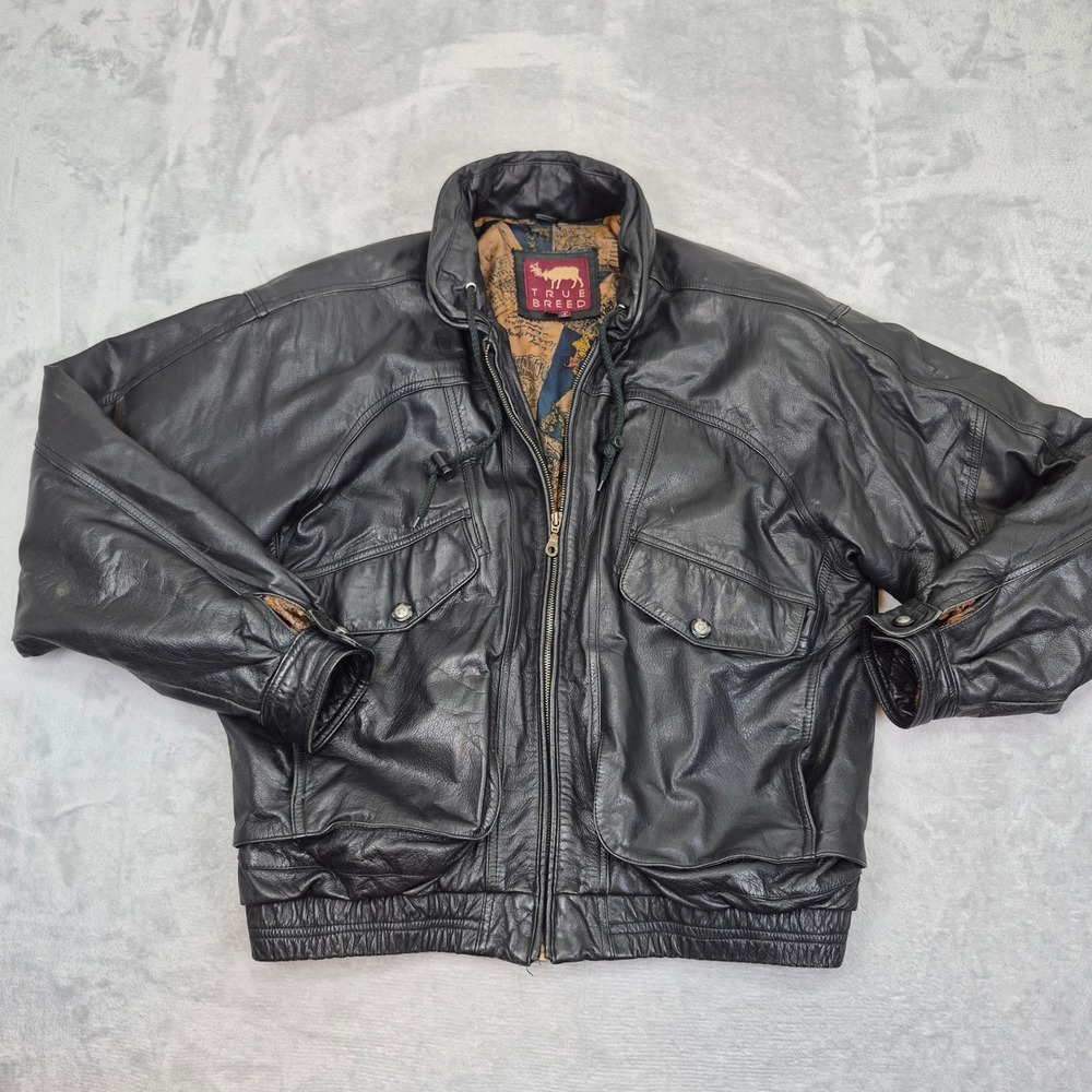 True Breed Mens Black Leather Bomber Jacket Vintage Map Lining Size M - Picture 3 of 13